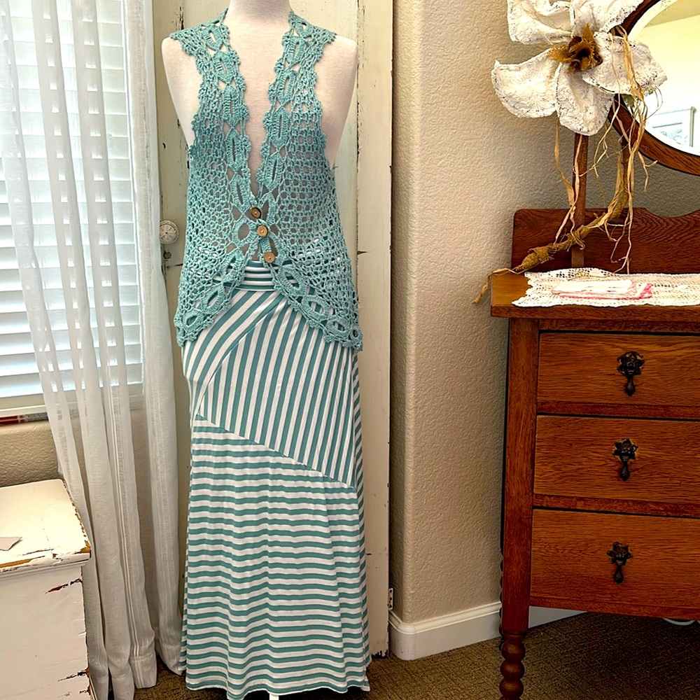 Medium Teal/White stripe Skirt with a Large Crocheted Vest